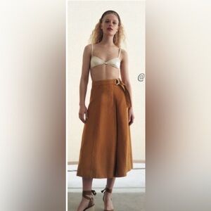 Zara Camel Brown A-Line Skirt Linen Wrap Skirt